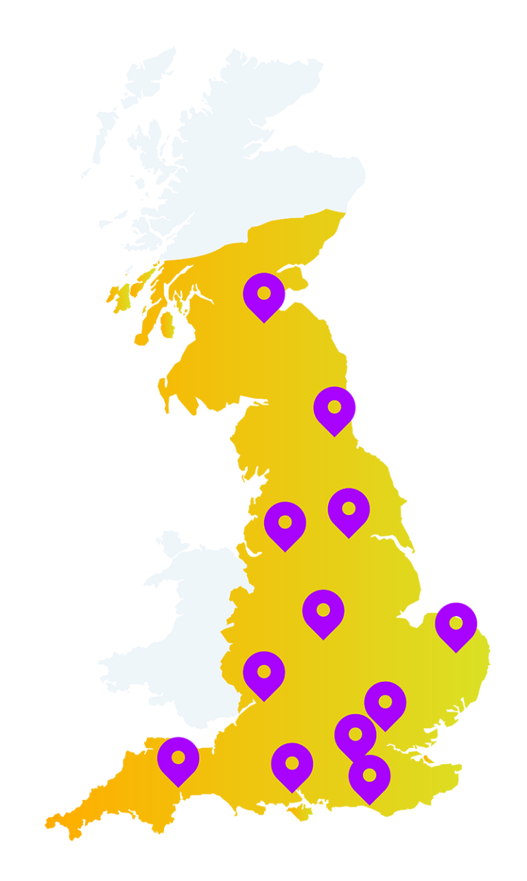 Map of England and Scotland with venue markers